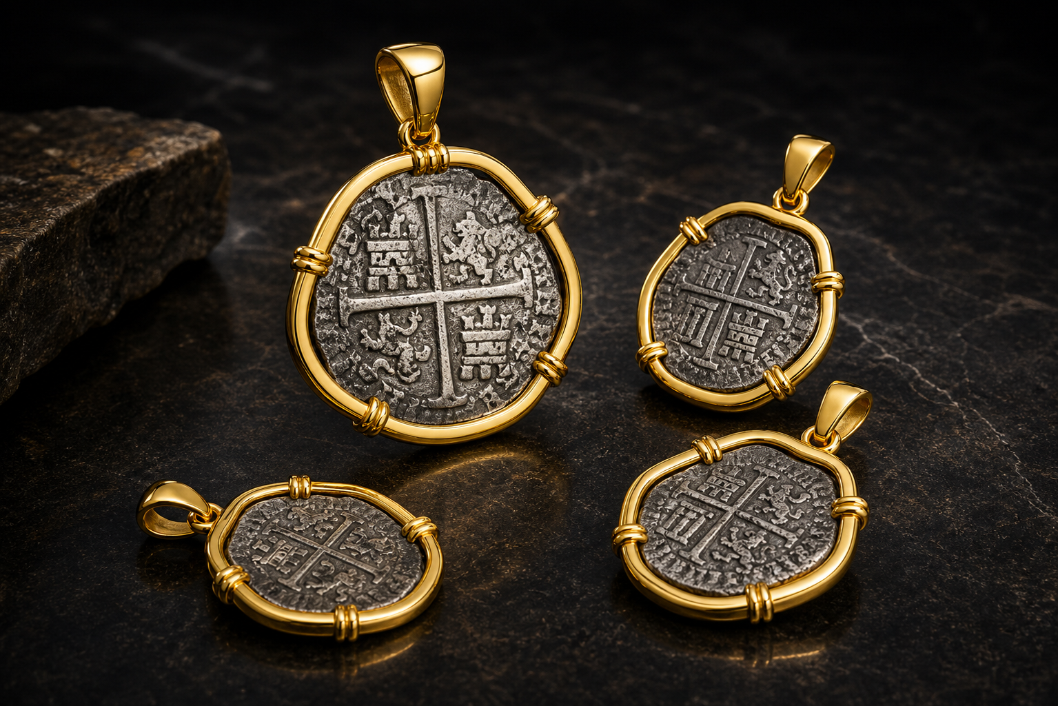 Atocha-style coin jewelry in gold-look frames