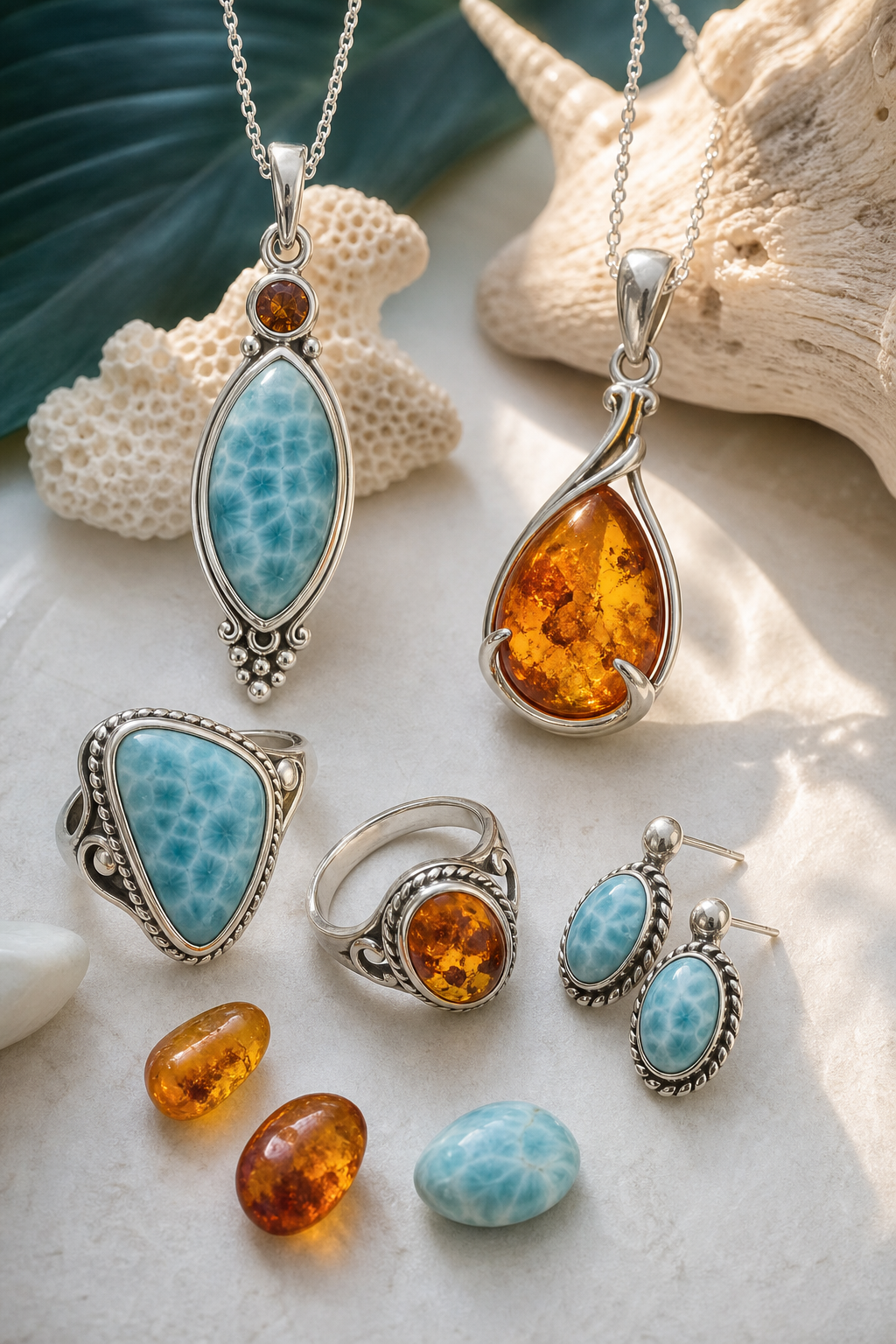 Wholesale sterling silver jewelry with Larimar and amber