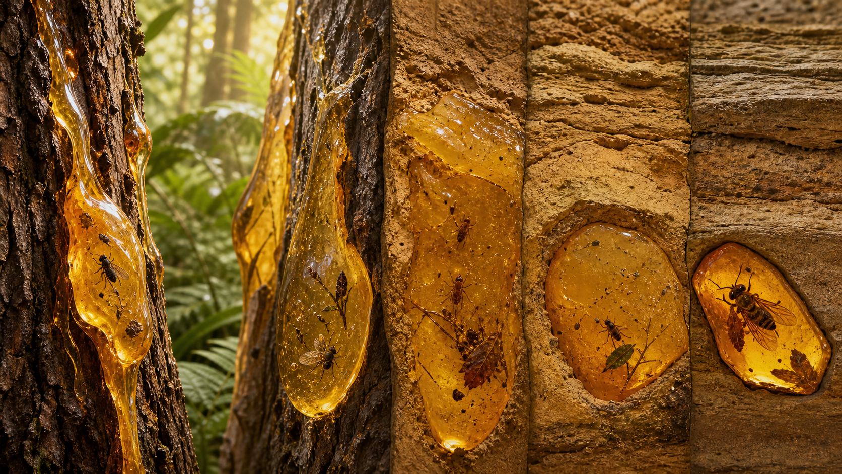 Editorial illustration showing how fossils form in amber