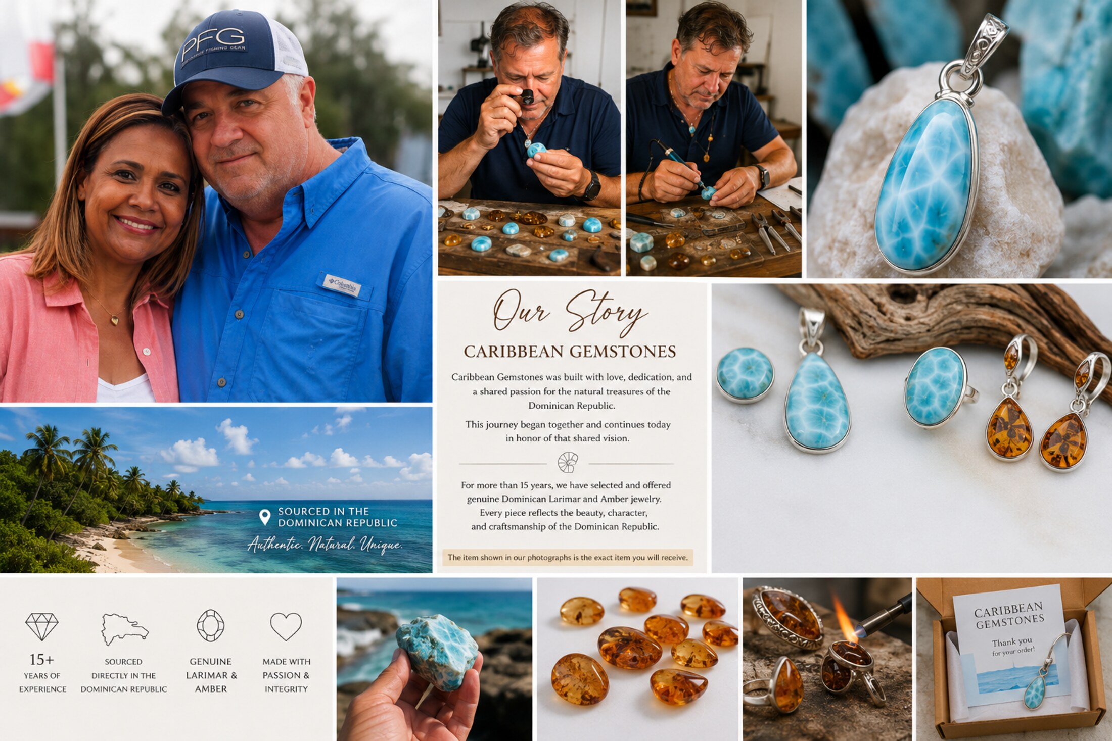 Caribbean Gemstones story collage with founders, stones, jewelry and Dominican Republic imagery
