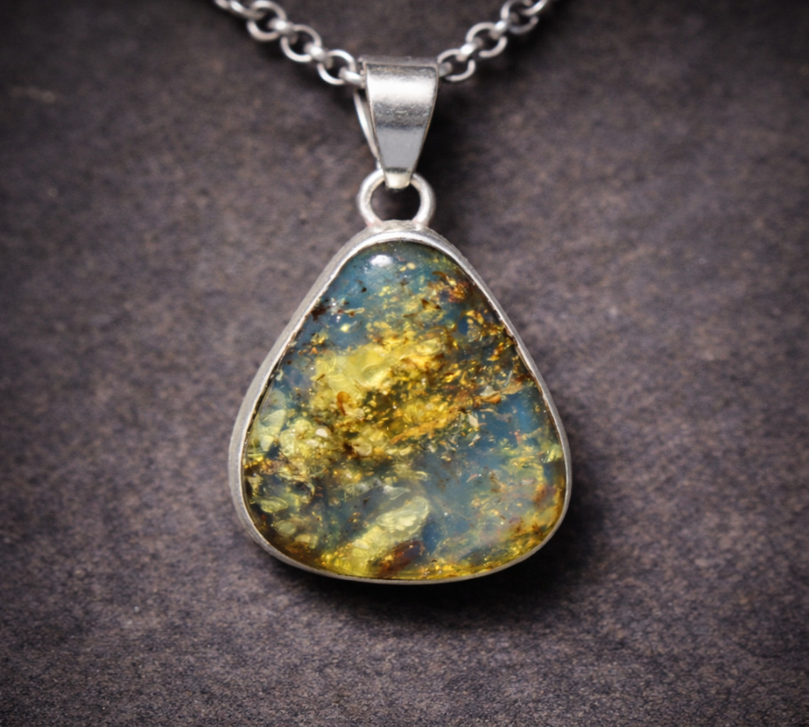 Impressive Natural Translucent Ocean Blue Amber 925 Sterling Silver Pendant 32mm