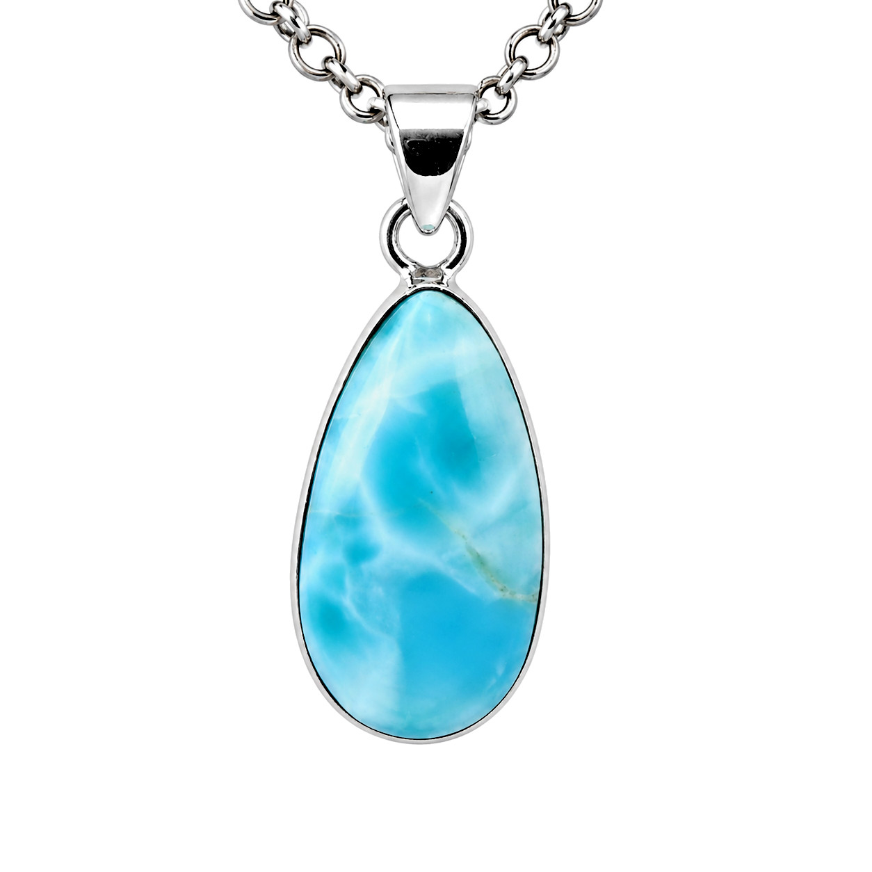 Dominikanischer Larimar Anhänger aus 925 Sterlingsilber Blau Tropfen 31 mm