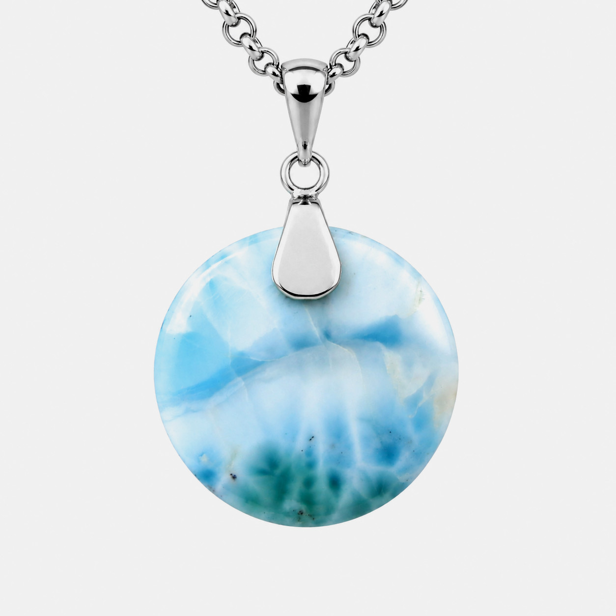 Handcrafted Natural Ocean Blue Larimar 925 Sterling Silver Round Pendant 42mm