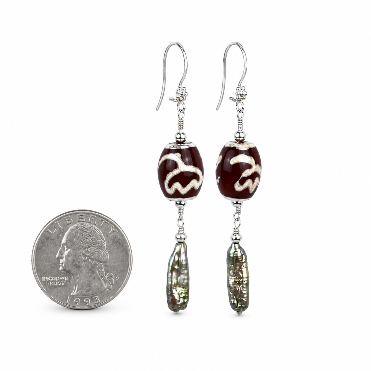 Elegant Fine Brown Iridescent Multicolor Agate & Abalone Shell Earrings 3.1 Inch