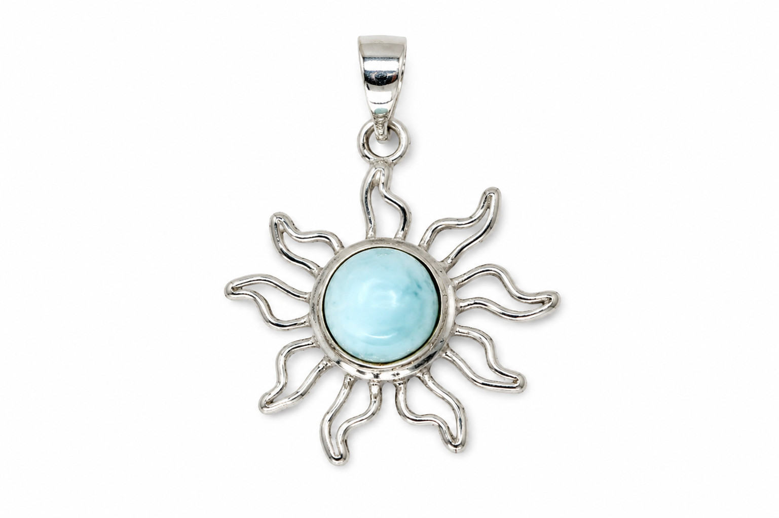 Genuine Beautiful Light Blue Larimar 925 Sterling Silver Sun Pendant 38mm 3.9g