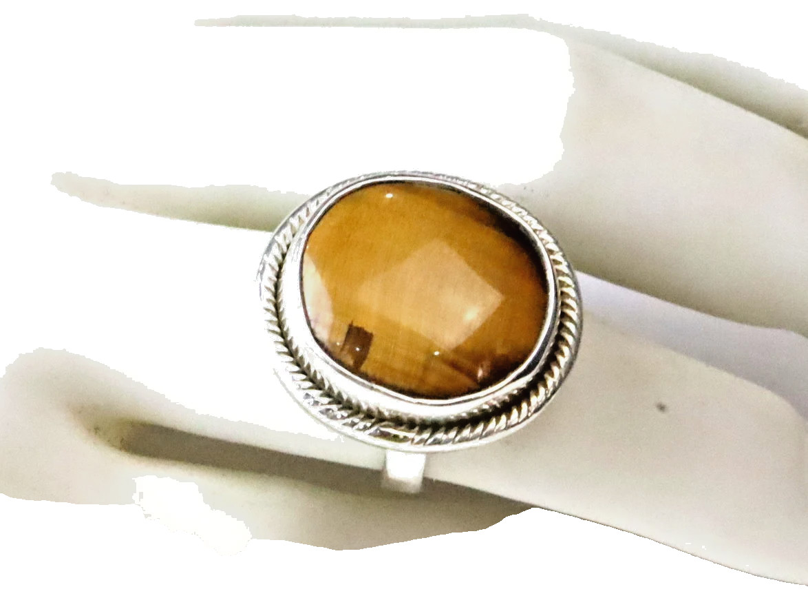 Impressive  Brown Cat's Eye .925 Sterling Silver Ring #8.5