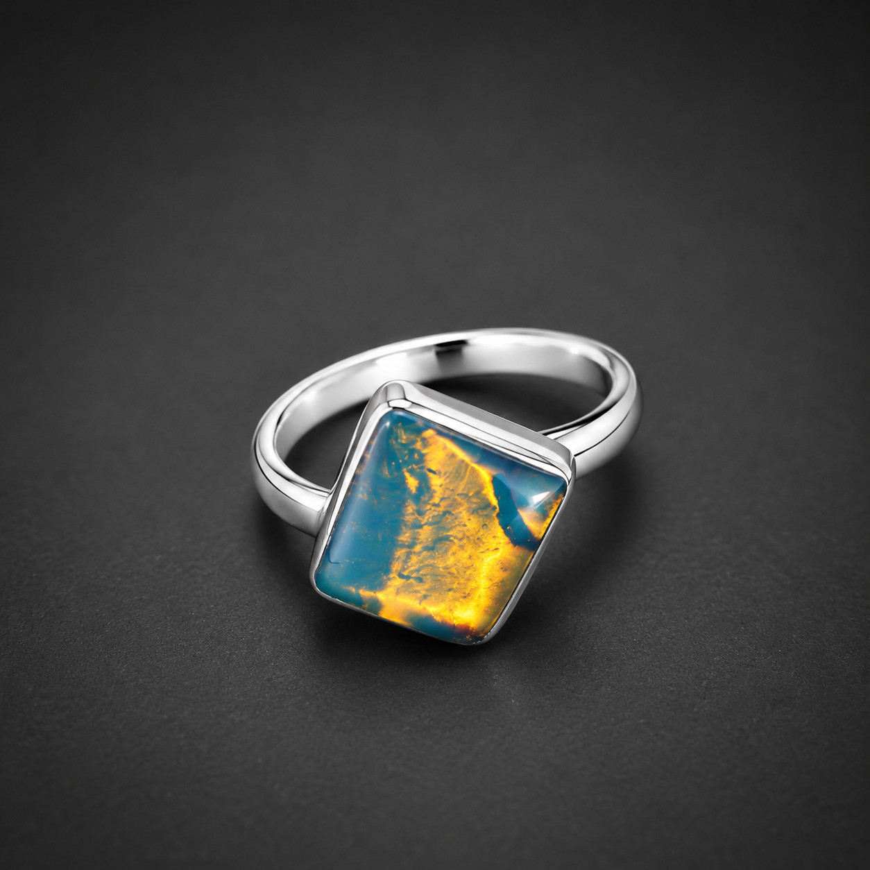 Gift Genuine Blue Amber 925 Sterling Silver Square Ring US#8.25
