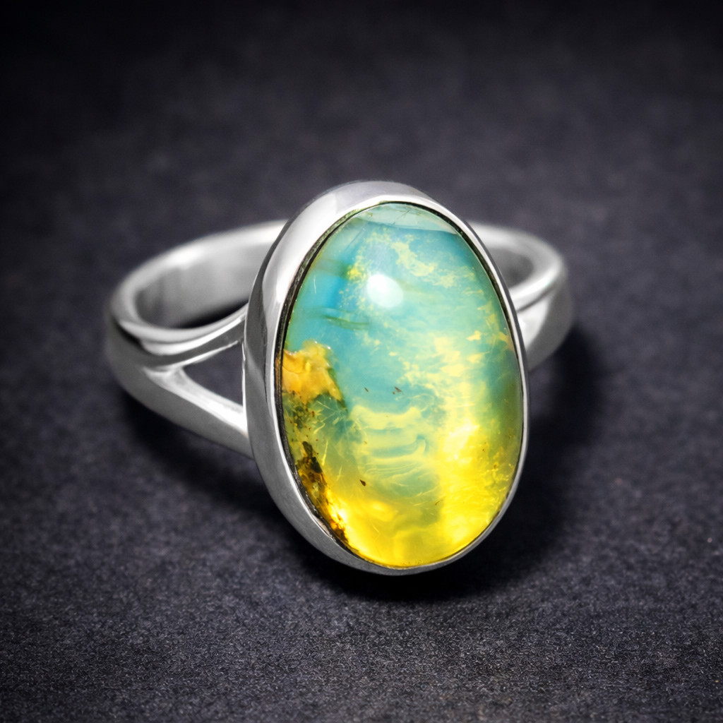 Beautiful Natural Clear Light Blue Amber .925 Sterling Silver Ring #5