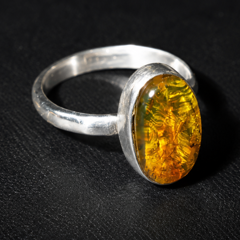 Expertly Crafted Green Orange Dominican Amber 925 Sterling Silver Clear Oval Ring #7.5