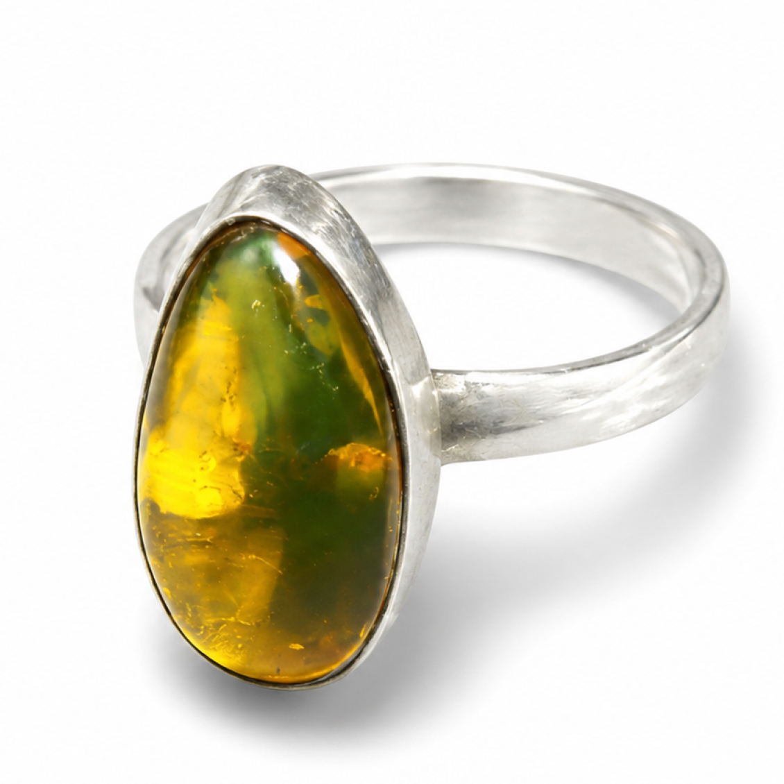 Artisan Orange Green Dominican Amber 925 Sterling Silver Clear Freeform Ring #7.25