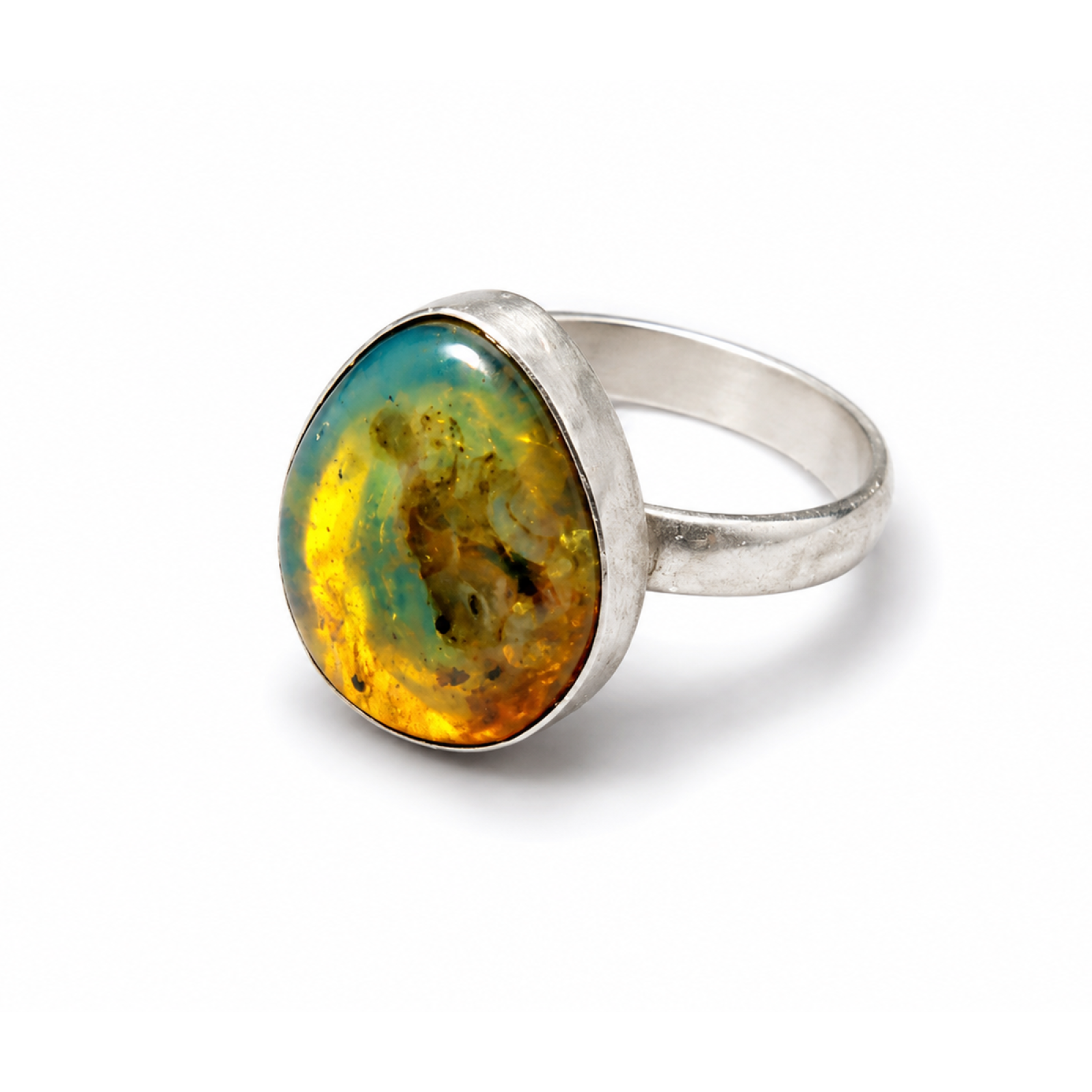 Island Crafted Green Blue Dominican Amber 925 Sterling Silver Clear Freeform Ring #6.25