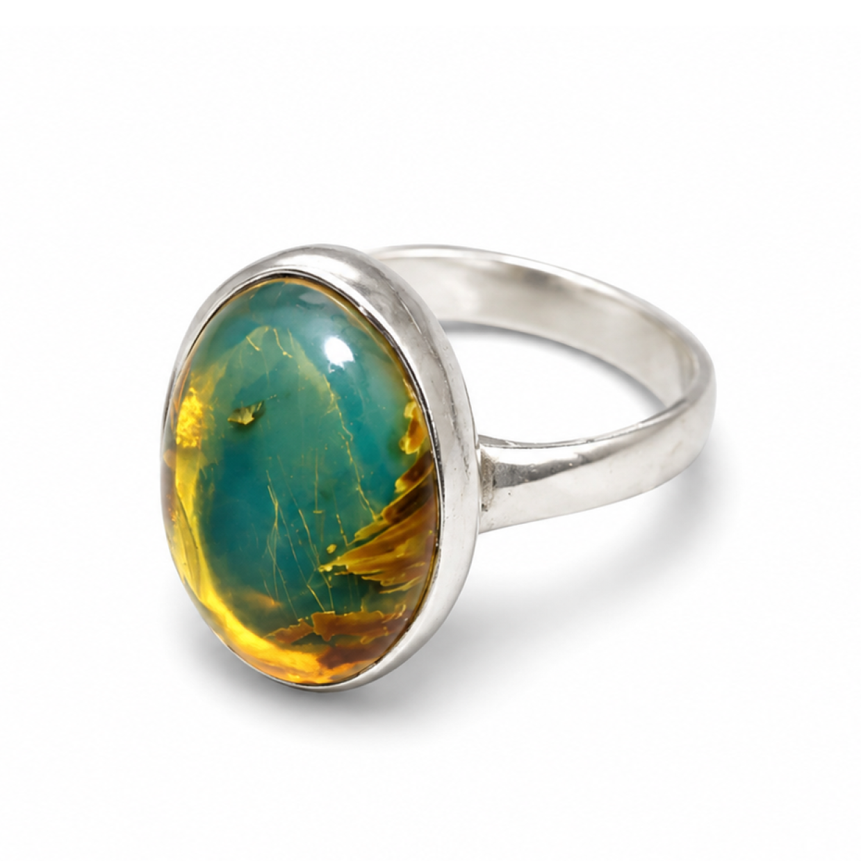 Rare Green Blue Dominican Amber 925 Sterling Silver Clear Oval Ring #9