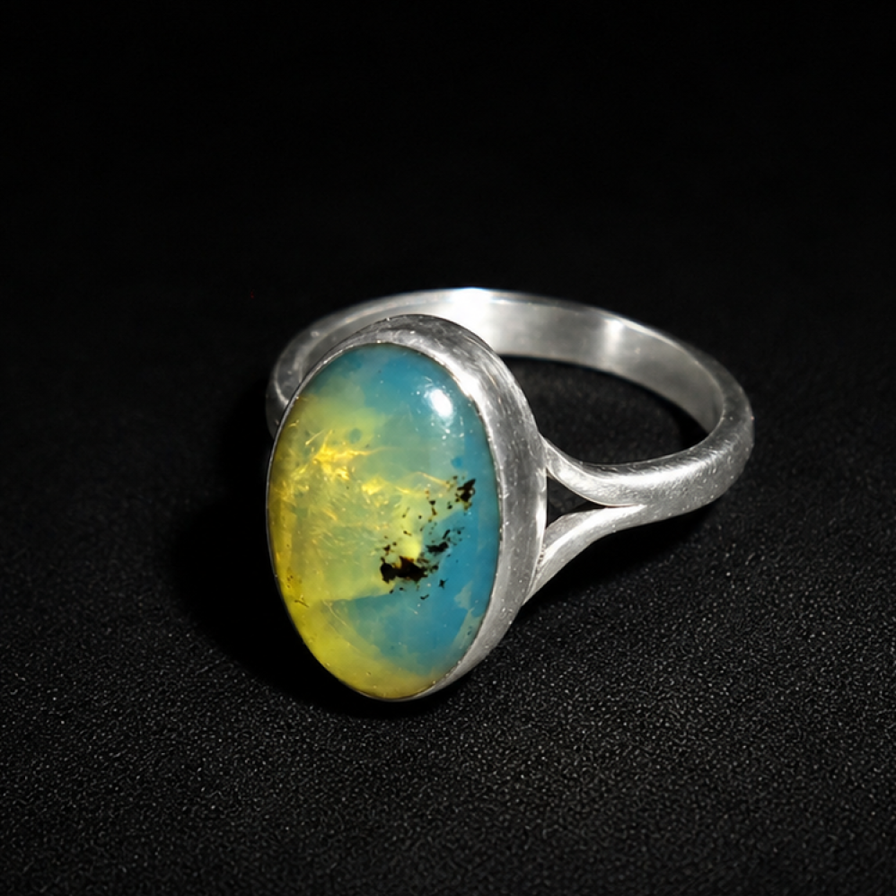 Hand Finished Clear Yellow Blue Dominican Amber 925 Sterling Silver Ring #7