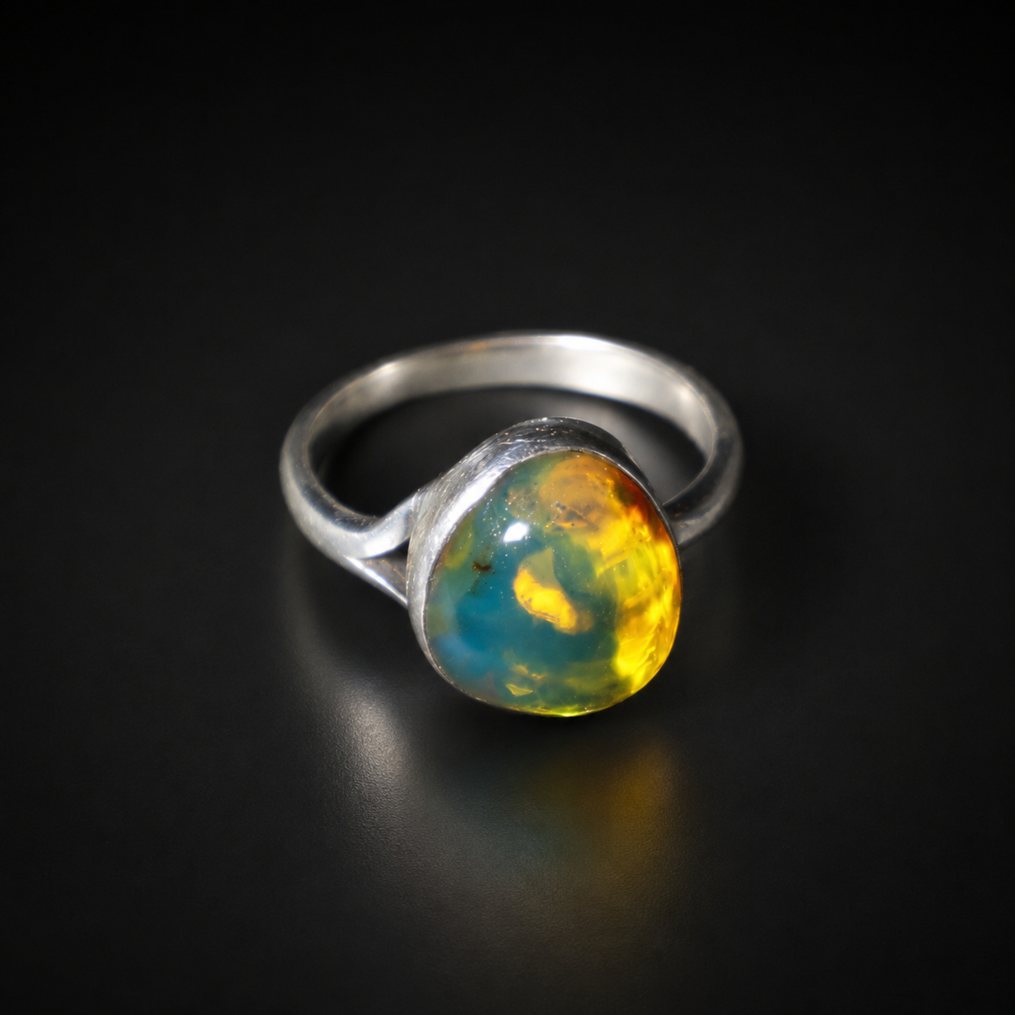 Handmade Clear Orange Blue Dominican Amber 925 Sterling Silver Ring