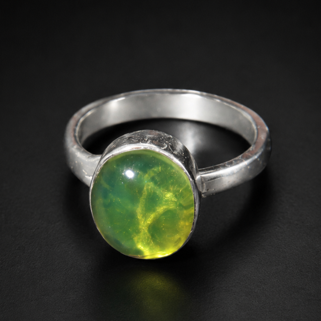 Hand Finished Clear Olive Green Dominican Amber 925 Sterling Silver Ring #6.25