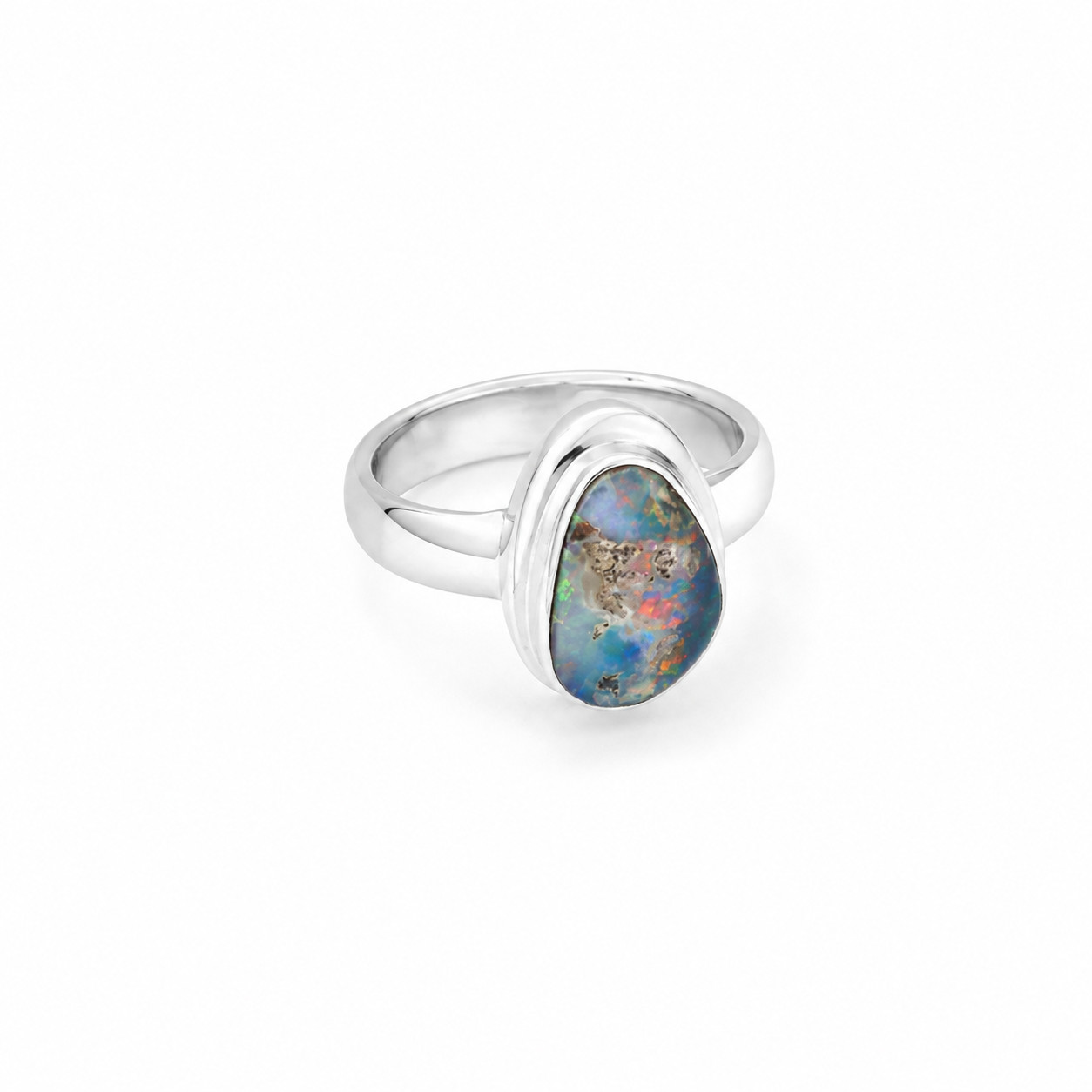 Rare Quality Blue Multicolor Boulder Opal 925 Sterling Silver Freeform Ring #6.2