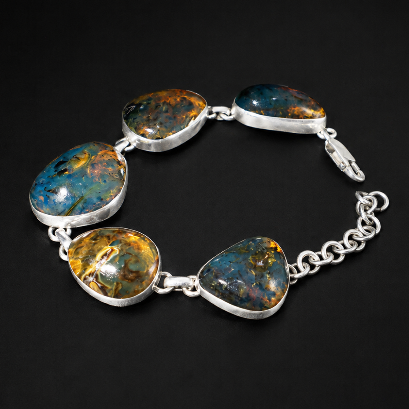 One of a Kind Translucent Dark Blue Dominican Amber 925 Sterling Silver Bracelet 6.5 Inch