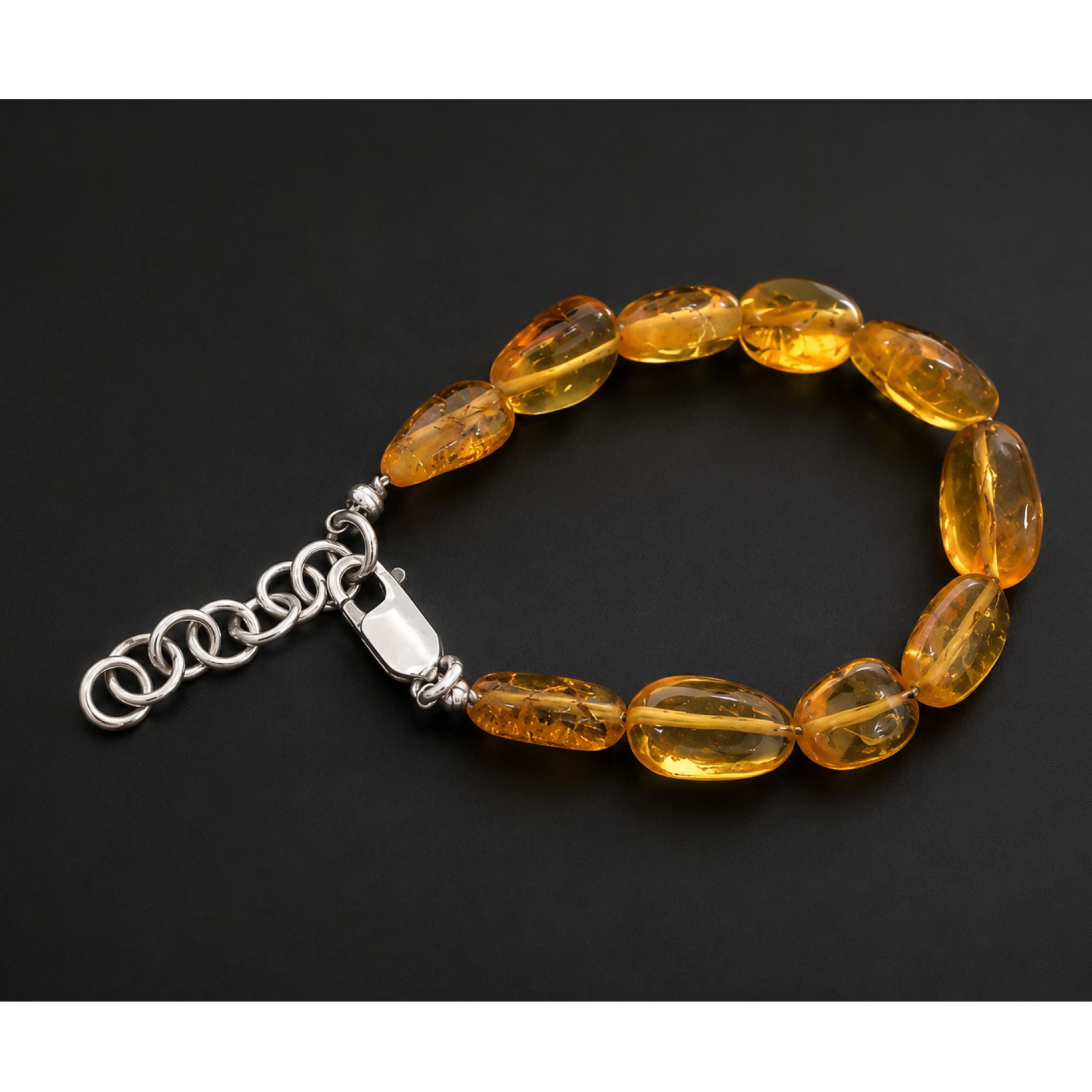Expertly Crafted Clear Green Orange Dominican Amber 925 Sterling Silver Bracelet 7.1 Inch