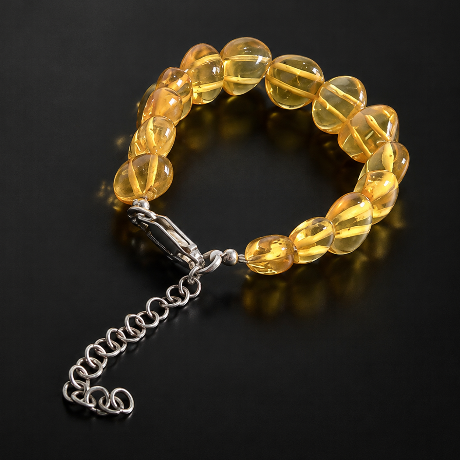 Artisan Made Clear Green Orange Dominican Amber 925 Sterling Silver Bracelet 6.7 Inch