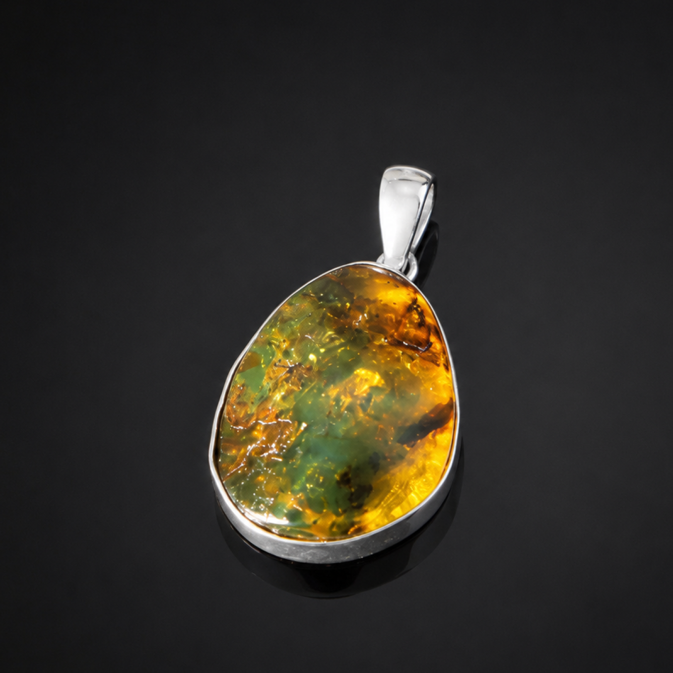 Handmade Translucent Green Blue Dominican Amber 925 Sterling Silver Pendant 33mm
