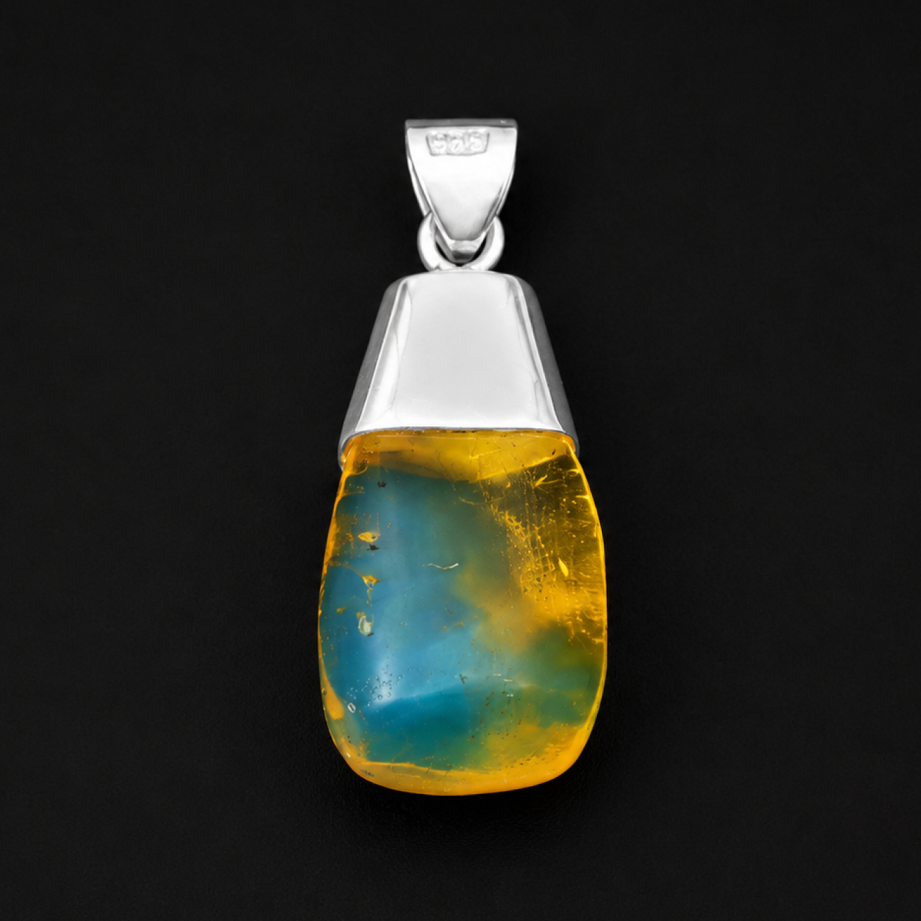 Luxury Clear Orange Blue Dominican Amber 925 Sterling Silver Pendant 41mm