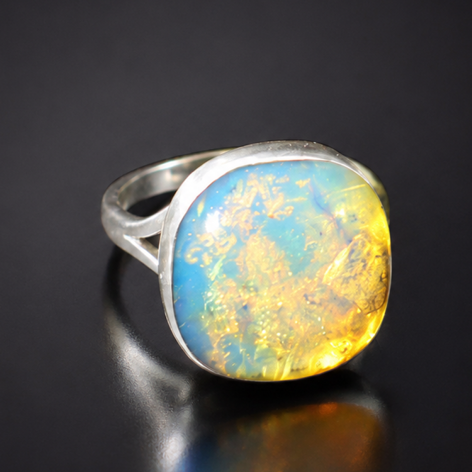 Graceful Clear Orange Blue Dominican Amber 925 Sterling Silver Ring #7.5