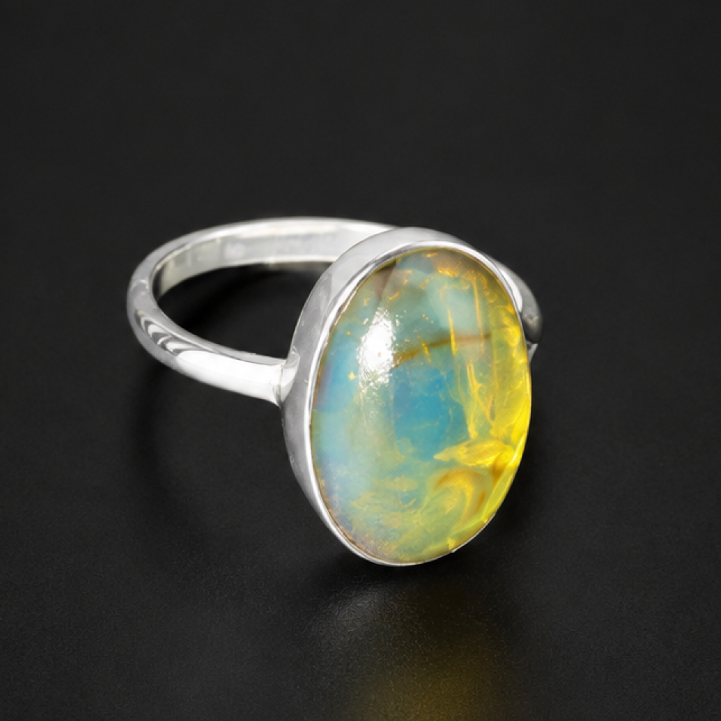 Organic Beauty Clear Green Blue Dominican Amber 925 Sterling Silver Ring