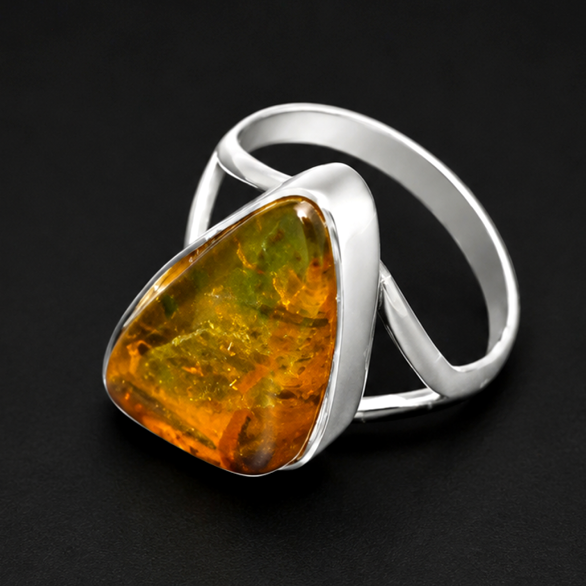 Handmade Clear Yellow Orange Dominican Amber 925 Sterling Silver Ring #5.75