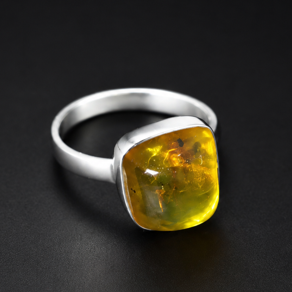 Handmade Clear Yellow Dominican Amber 925 Sterling Silver Ring #6
