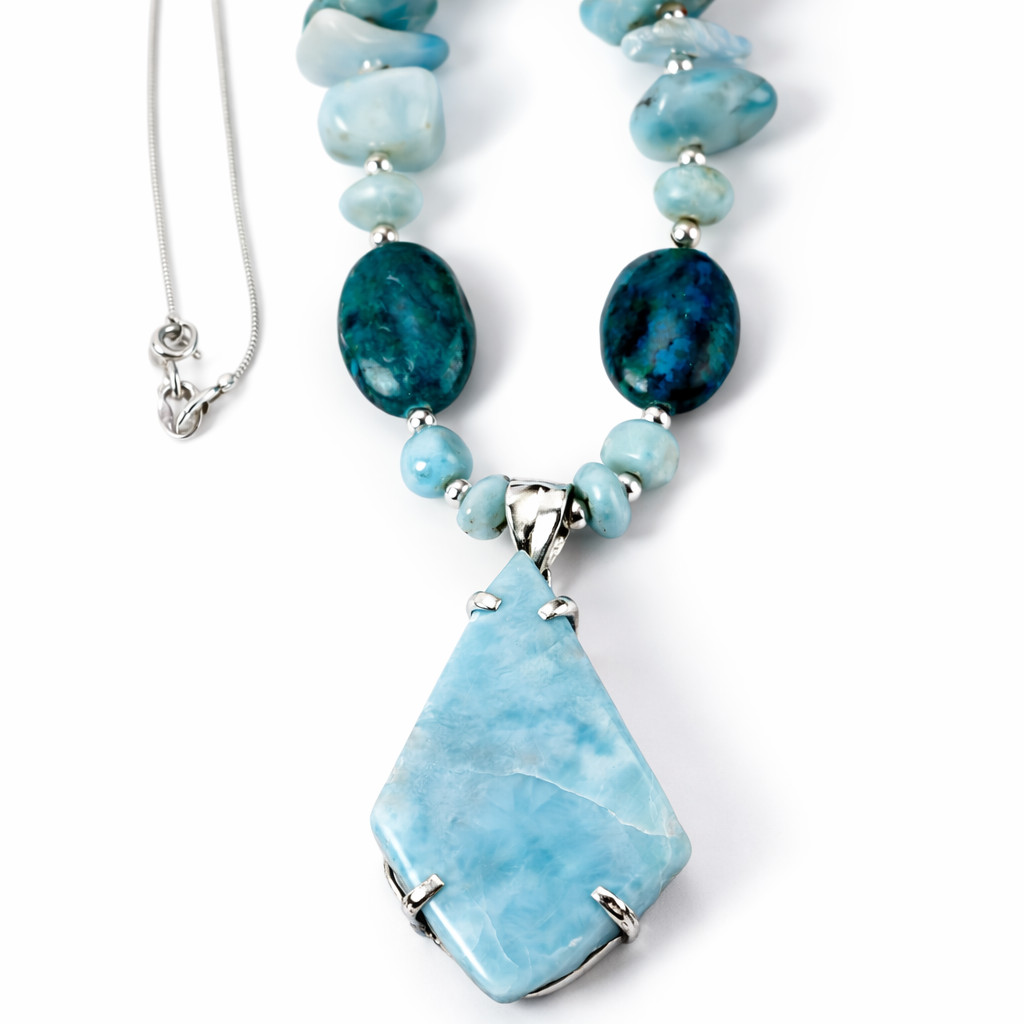 Impressive Natural Blue Larimar Turquoise .925 Sterling Silver Necklace 18inch