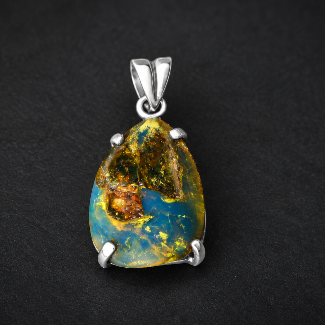 Natural Dominican Blue Amber Pendant 925 Sterling Silver 34 mm freeform dark