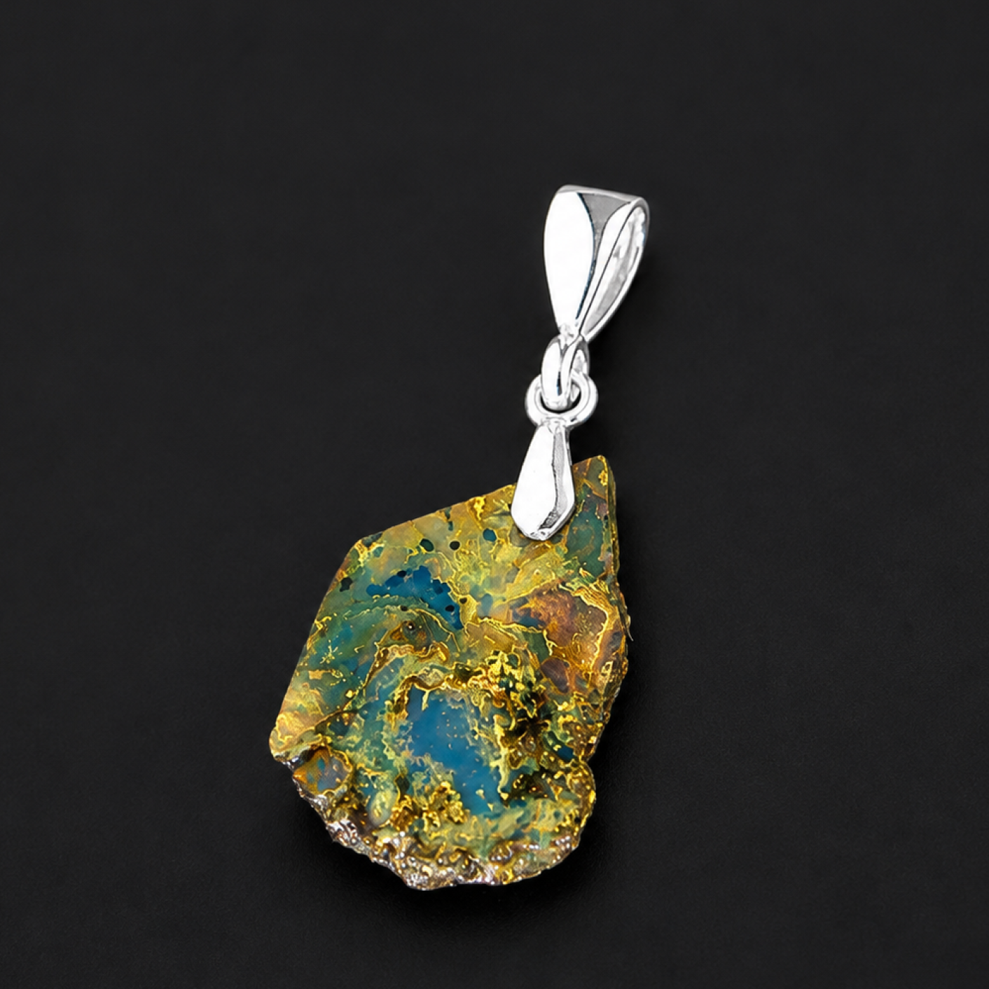 Natural Dominican Blue Amber Pendant 925 Sterling Silver 34 mm slice blue