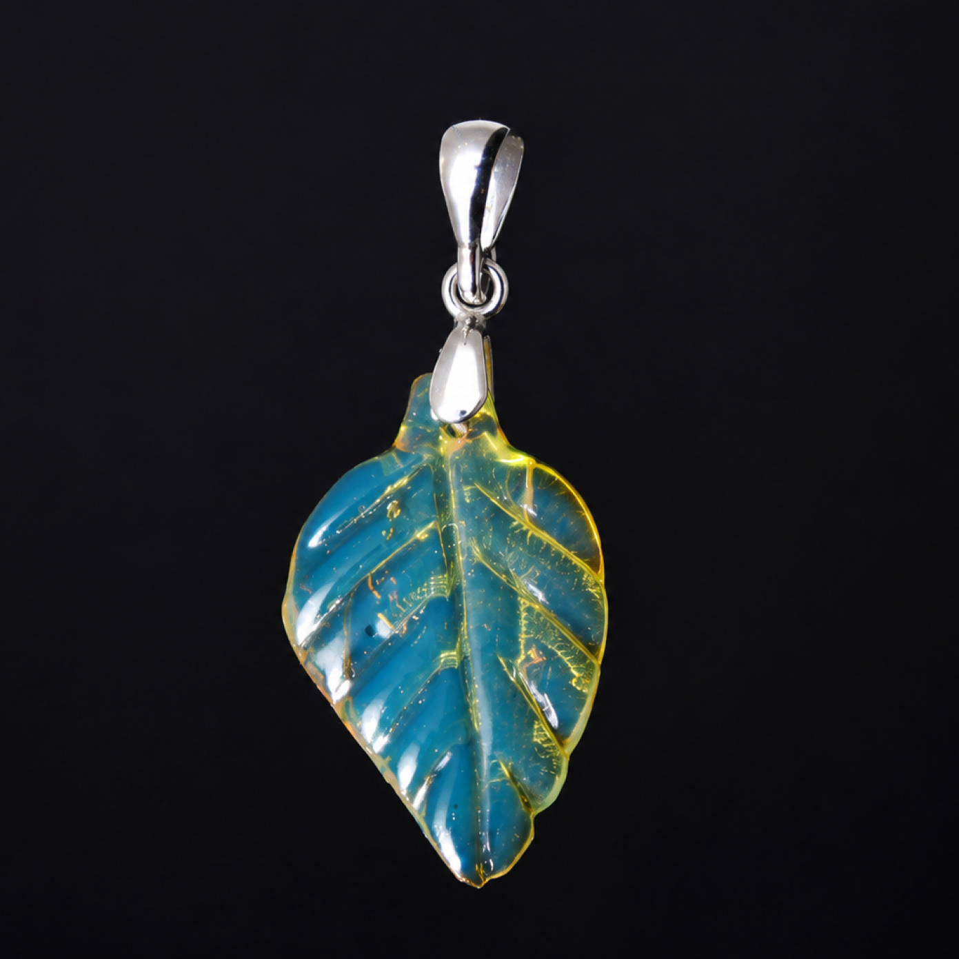 Clear sky blue Natural Dominican Amber leaf 925 Sterling Silver Pendant 38 mm