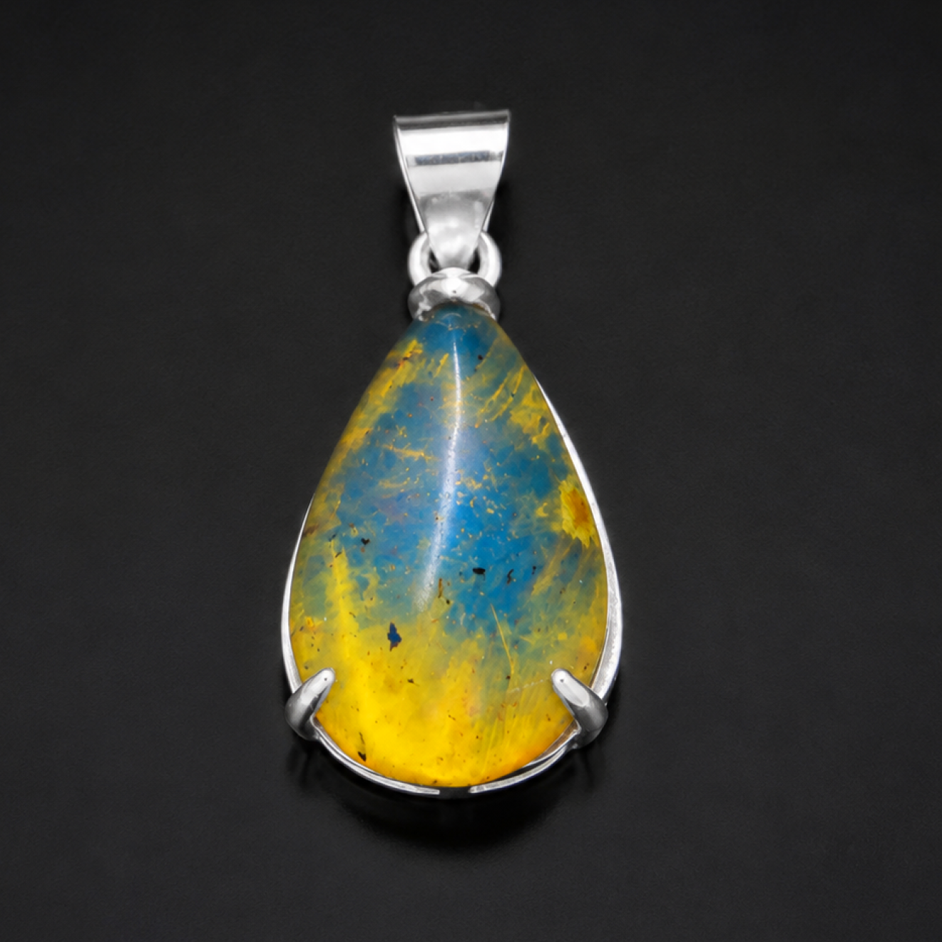 Clear yellow blue Natural Dominican Amber teardrop 925 Sterling Pendant 28 mm