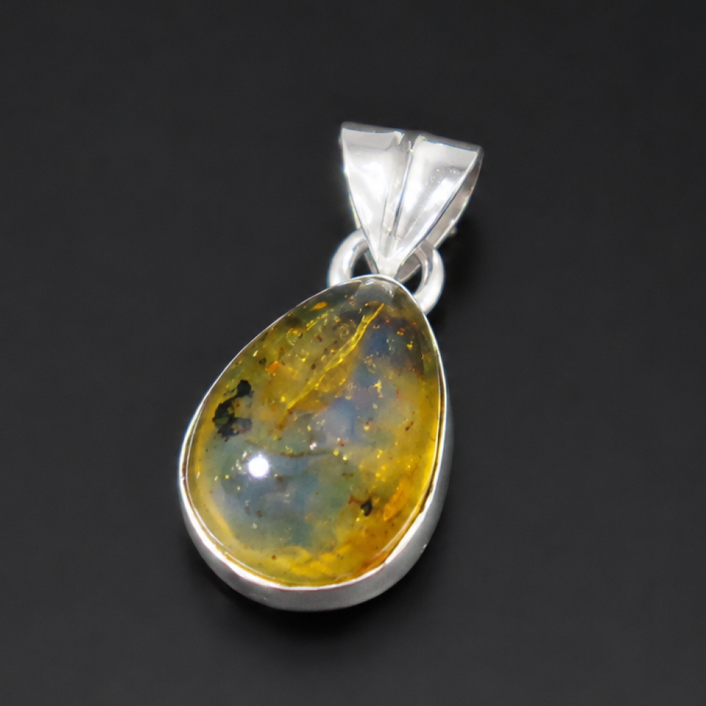Clear light blue Natural Dominican Amber teardrop 925 Sterling Pendant 22 mm