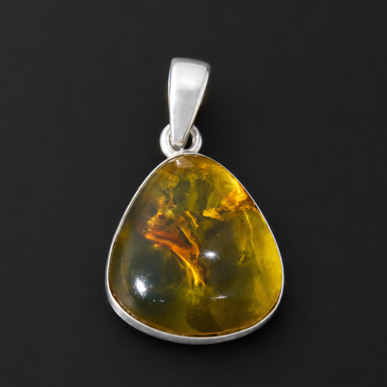 Clear cognac blue Natural Dominican Amber triangular 925 Sterling Pendant 27 mm