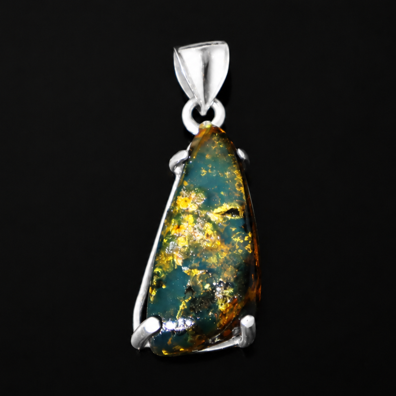 Translucent green blue Natural Dominican Amber freeform 925 Pendant 39 mm