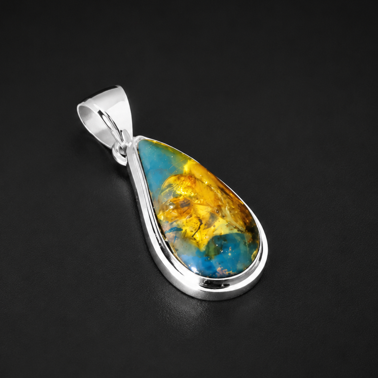 Translucent yellow blue Natural Dominican Amber drop 925 Sterling Pendant 33 mm
