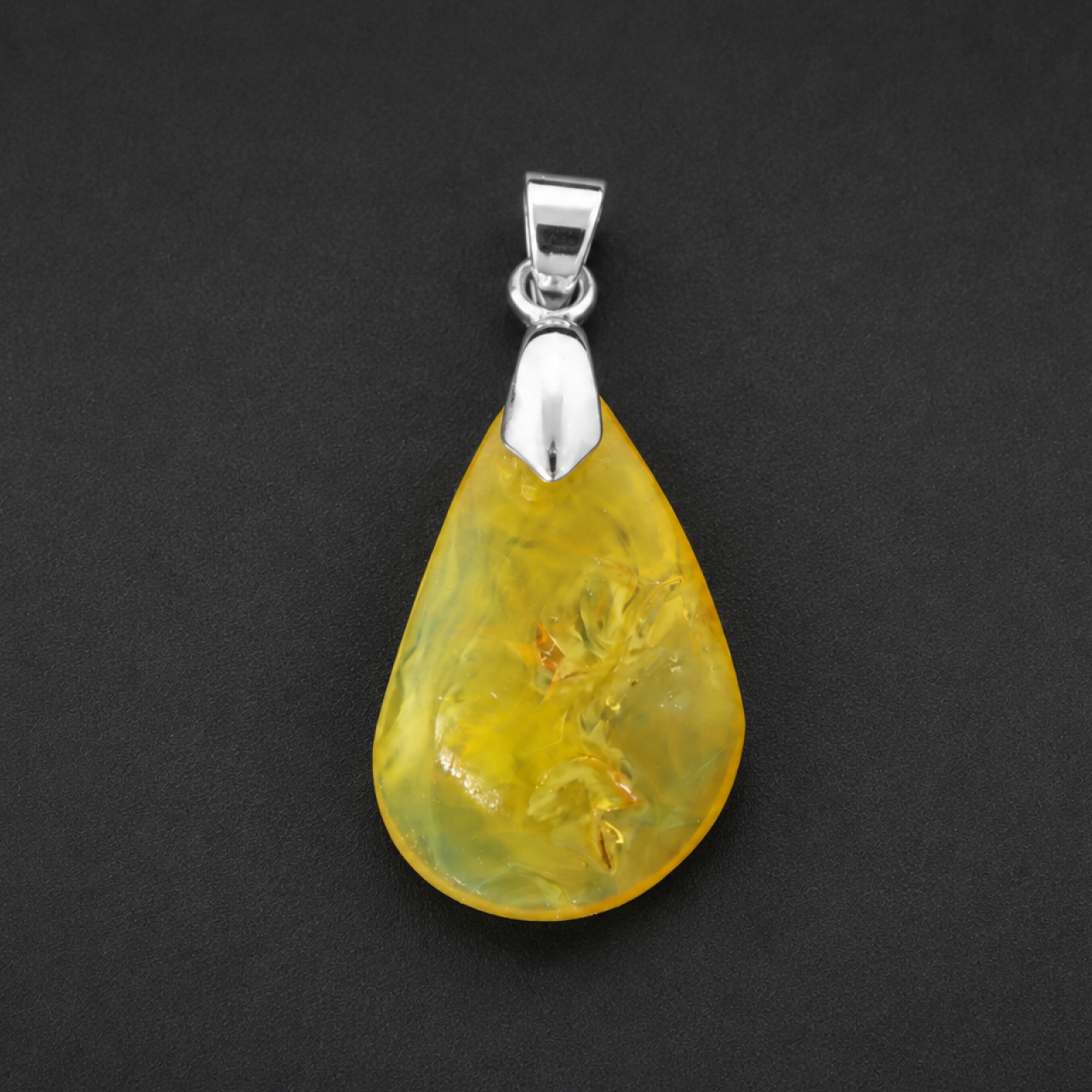 Clear deep yellow Natural Dominican Amber teardrop 925 Sterling Pendant 39 mm