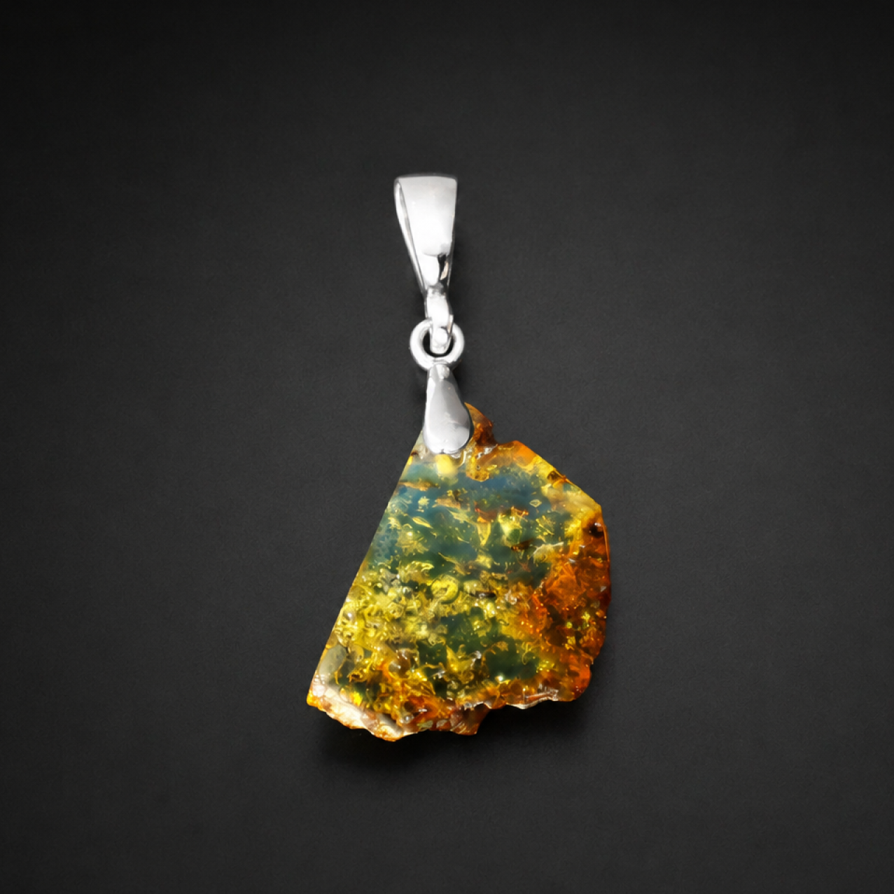 Translucent green blue Natural Dominican Amber slice 925 Sterling Pendant 32 mm