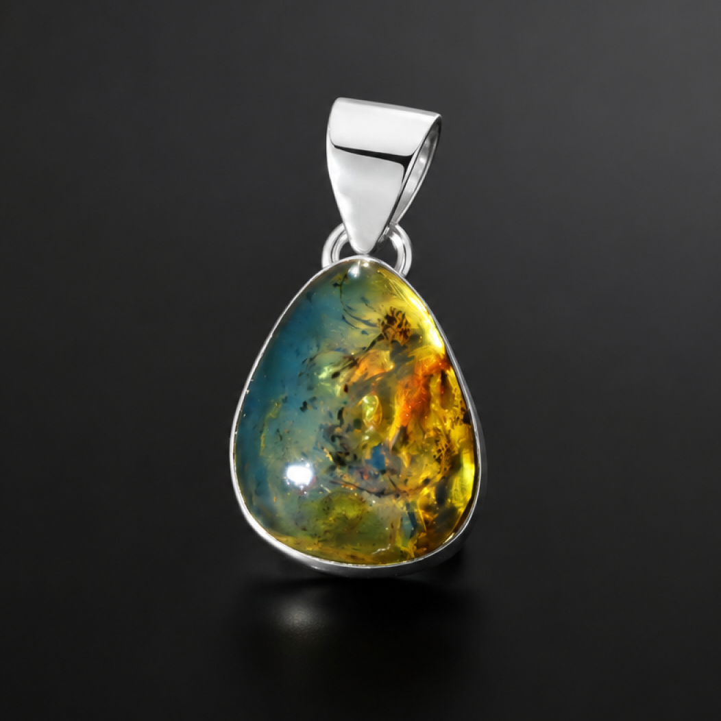 Clear deep blue Natural Dominican Amber drop 925 Sterling Silver Pendant 26 mm