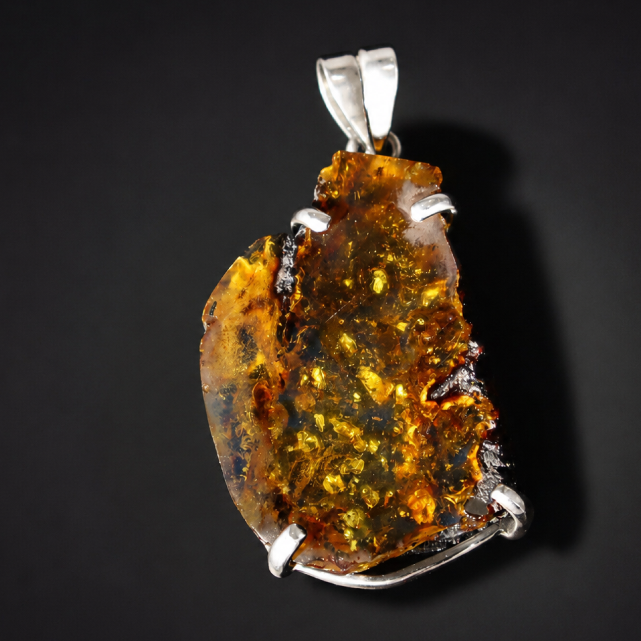 Translucent yellow orange Natural Dominican Amber slice 925 Pendant 48 mm
