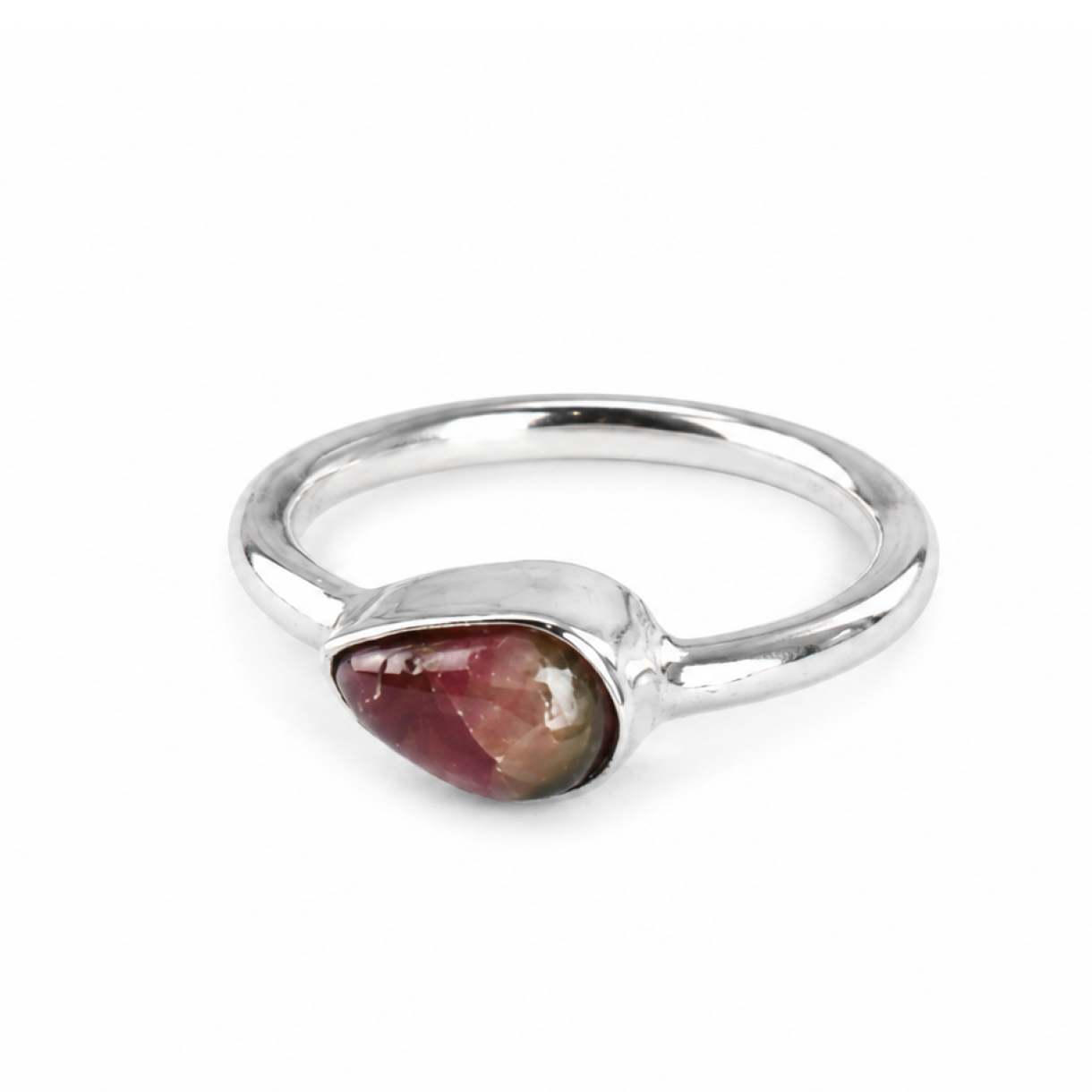 Translucent pink brown Watermelon Tourmaline teardrop 925 Ring Size 8.75