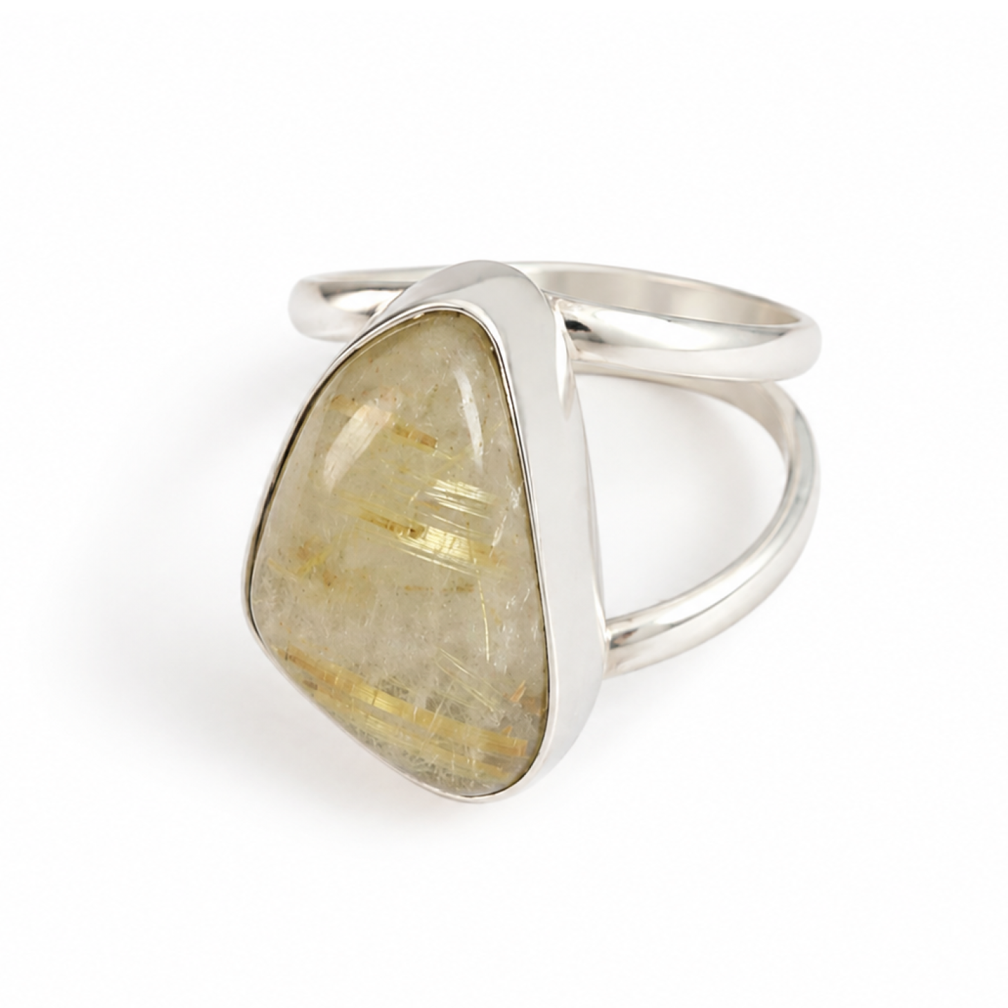 Clear yellow brown Natural Rutilated Quartz freeform 925 Sterling Ring Size 9.25