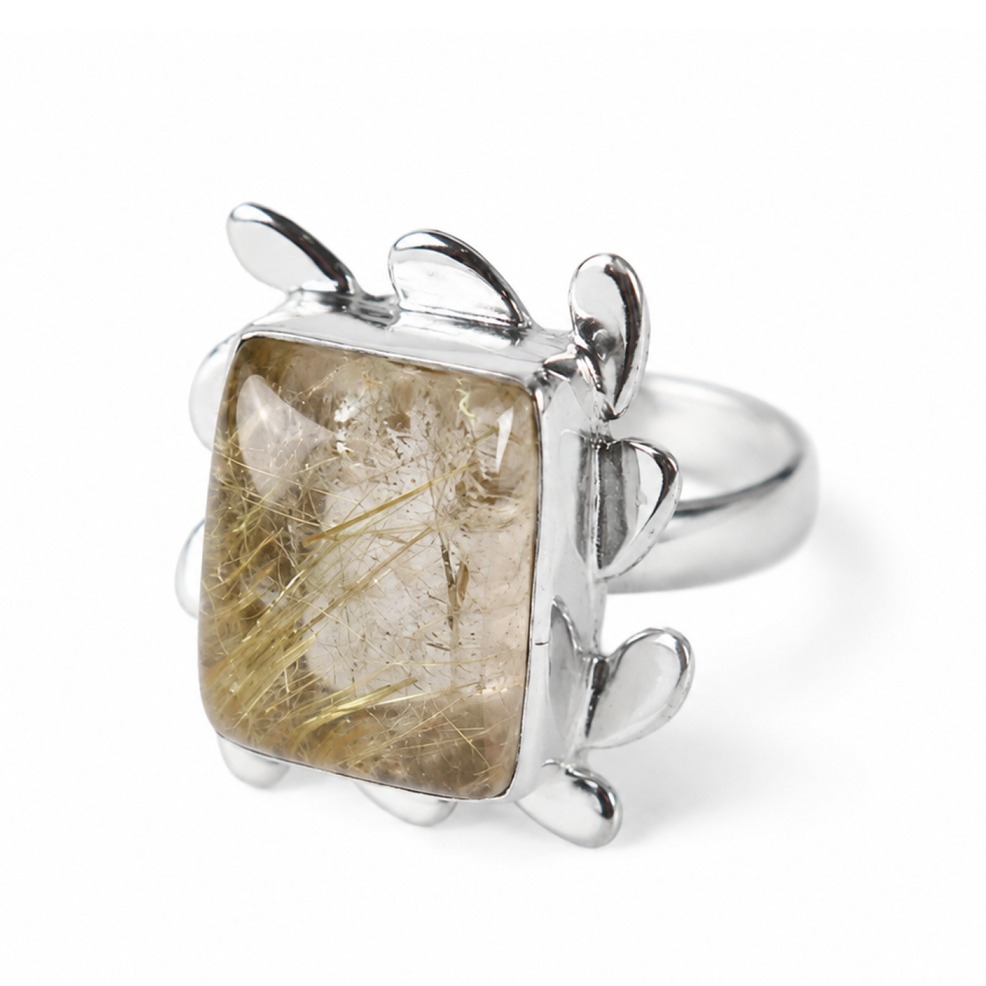 Clear yellow brown Natural Rutilated Quartz rectangular 925 Ring Size 7.00