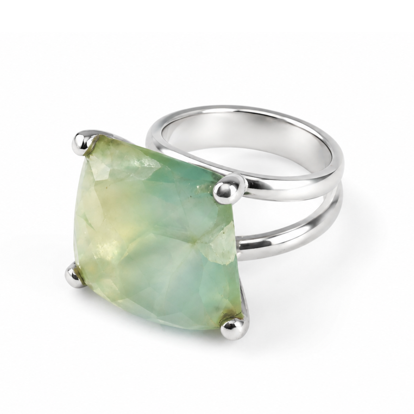 Clear bright green Prehnite trapez 925 Sterling Silver Ring Size 8.25