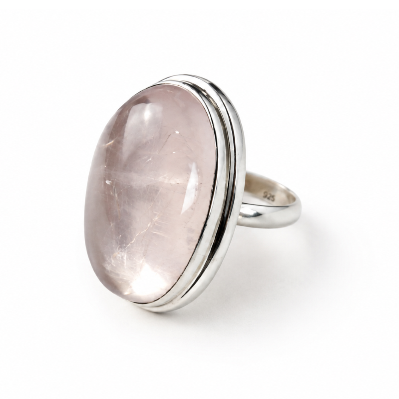 Clear Pink Natural Rose Quartz. oval 925 Sterling Silver Ring Size 7.00