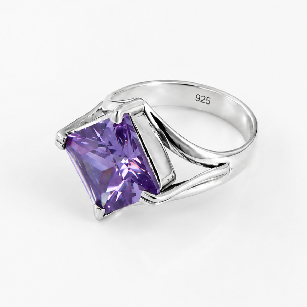 Clear purple Pink Natural Amethyst square 925 Sterling Silver Ring Size 7.25