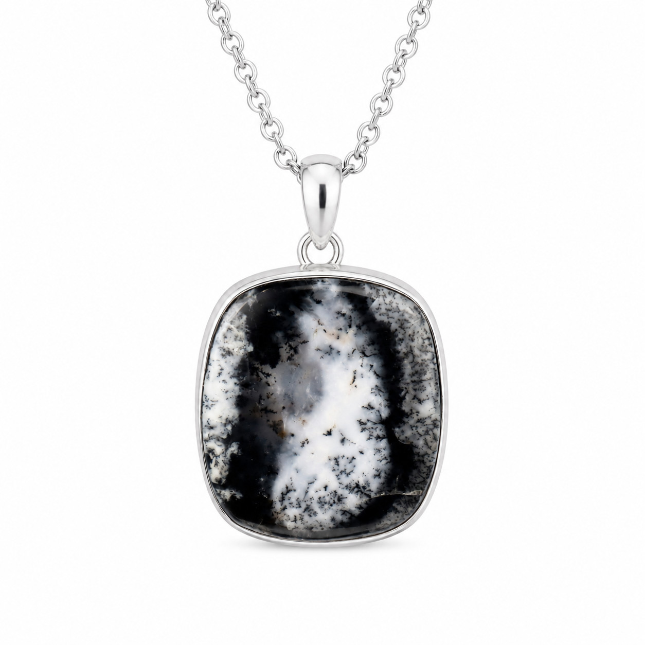 Beautiful Exquisite Black White Dendritic 925 Sterling Silver Cushion Pendant