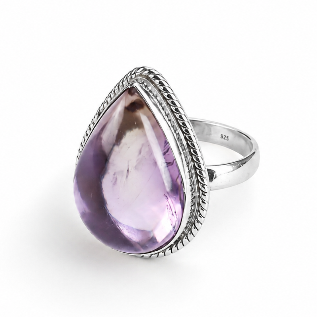 Clear Purple Natural Amethyst teardrop 925 Sterling Silver Ring Size 7.25